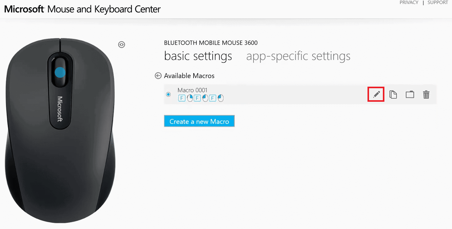 click on pencil icon or edit macro icon in available macros menu for basic settings sections on Microsoft mouse and keyboard center