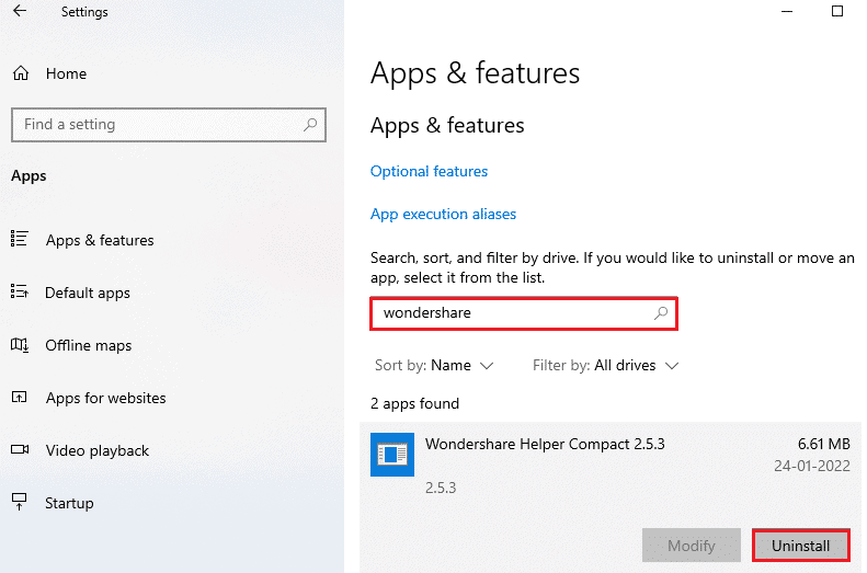 Then, search Wondershare in the search menu and click on Uninstall corresponding to Wondershare Helper Compact 2.5.3. What is Wondershare Helper Compact