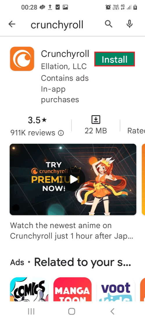  Ketuk tombol Instal untuk menginstal aplikasi Crunchyroll