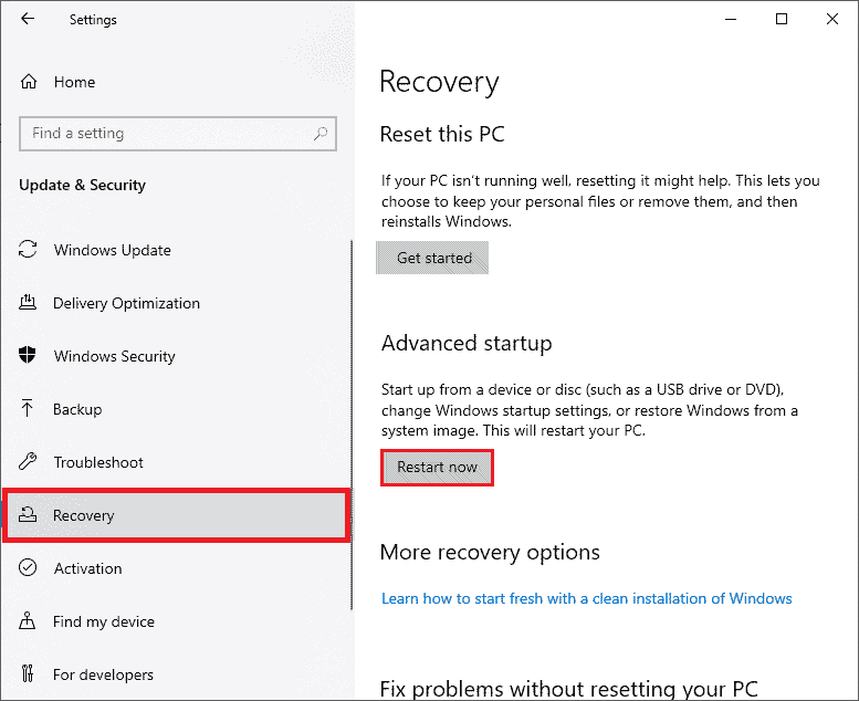 select recovery and click on restart now option in advanced startup. Fix Thermal Trip Error in Windows 10