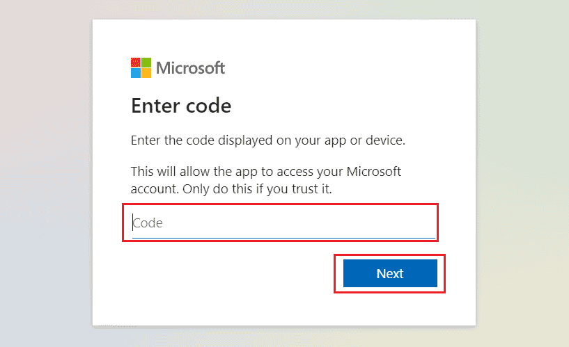  kunjungi halaman Microsoft Live Login dan masukkan kode yang diberikan di bidang yang tersedia. klik Berikutnya