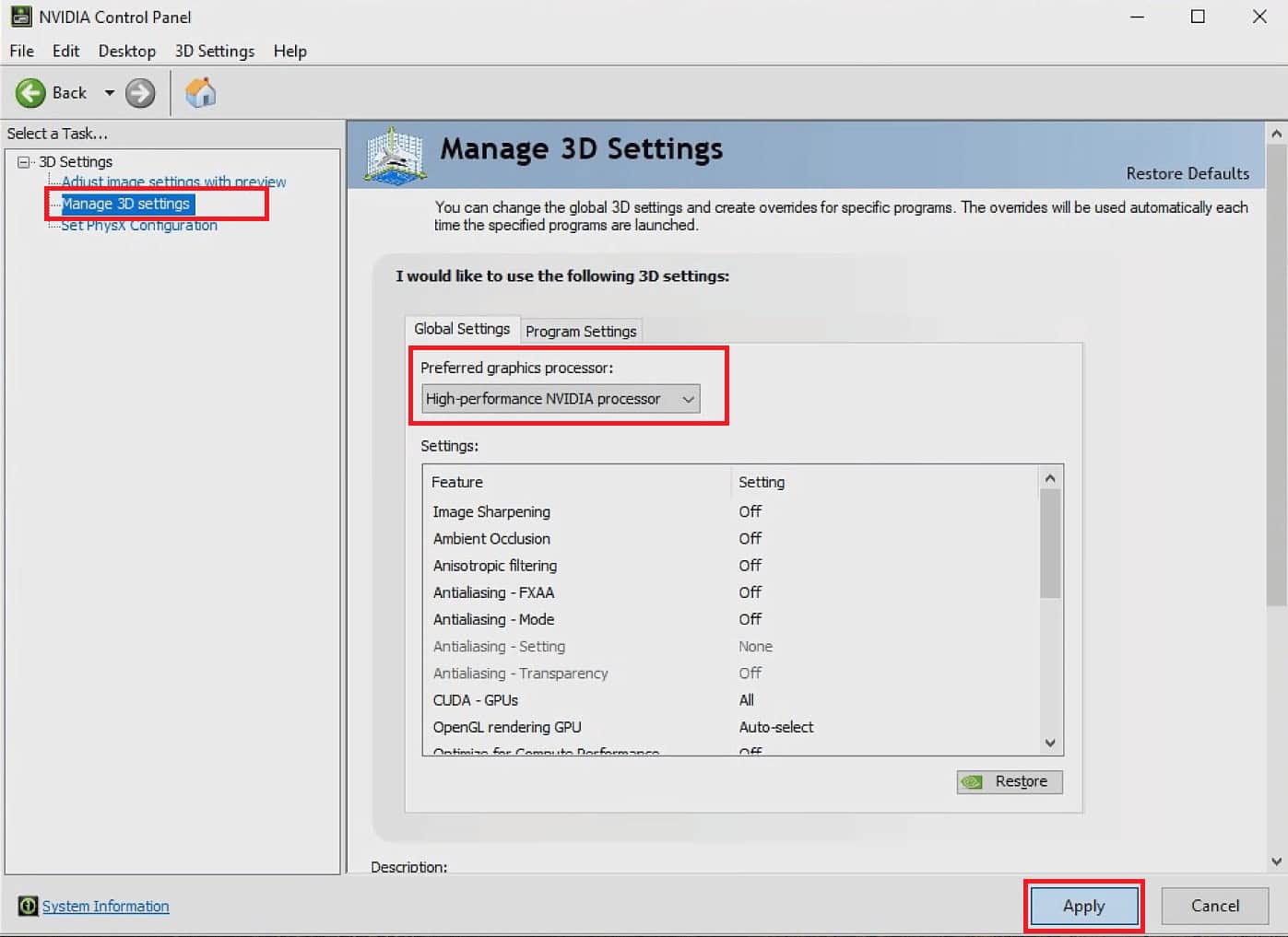 Choose High-performance NVIDIA processor under Preferred graphics processor