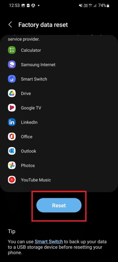 tap on the Reset option