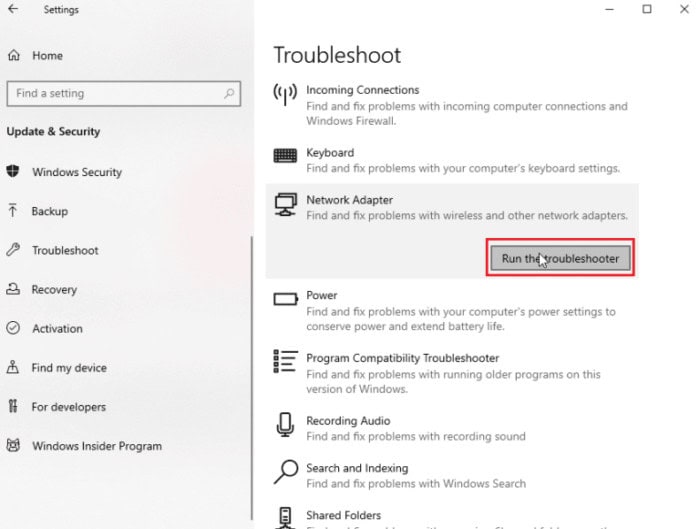 Run network troubleshooter
