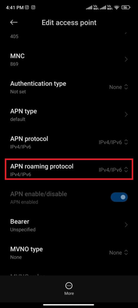 scroll down and tap on APN roaming protocol