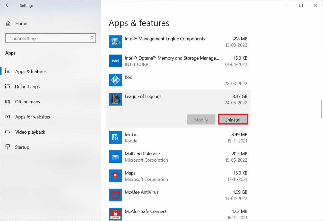 Scroll down and click on League of Legends. Then, select Uninstall