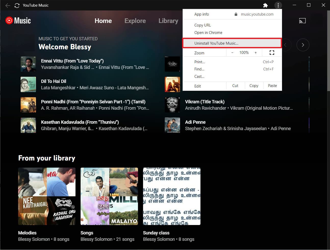 choose Uninstall YouTube Music