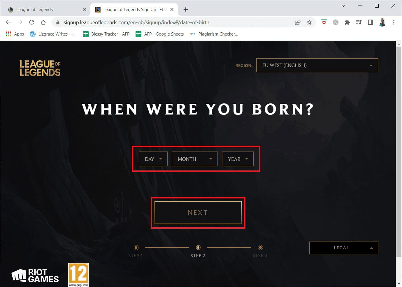 Select your Date of birth in the next step and click on NEXT | fix League of Legends error 003