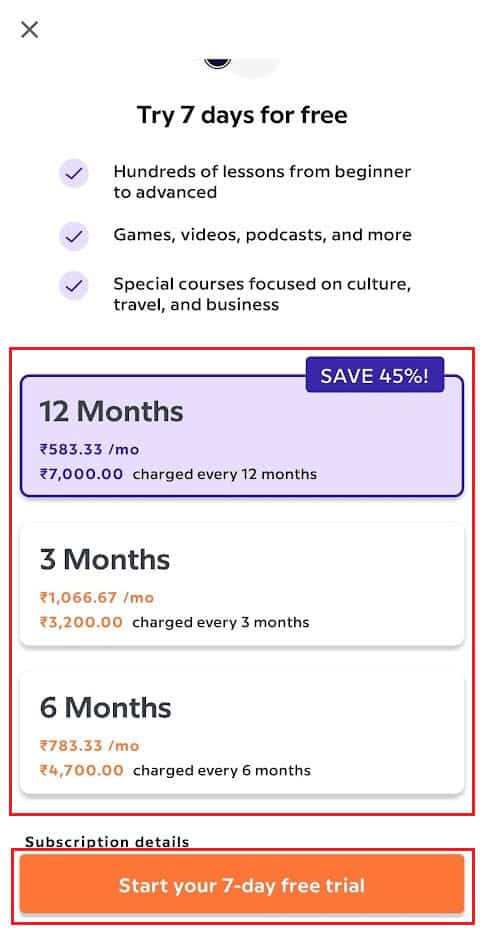 Choose the desired plan and tap on Start your 7-day free trial | Is Babbel Good for Beginners?