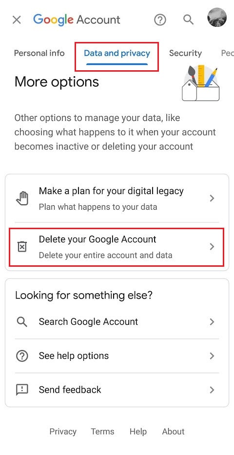 Data & privacy tab - Delete your Google Account