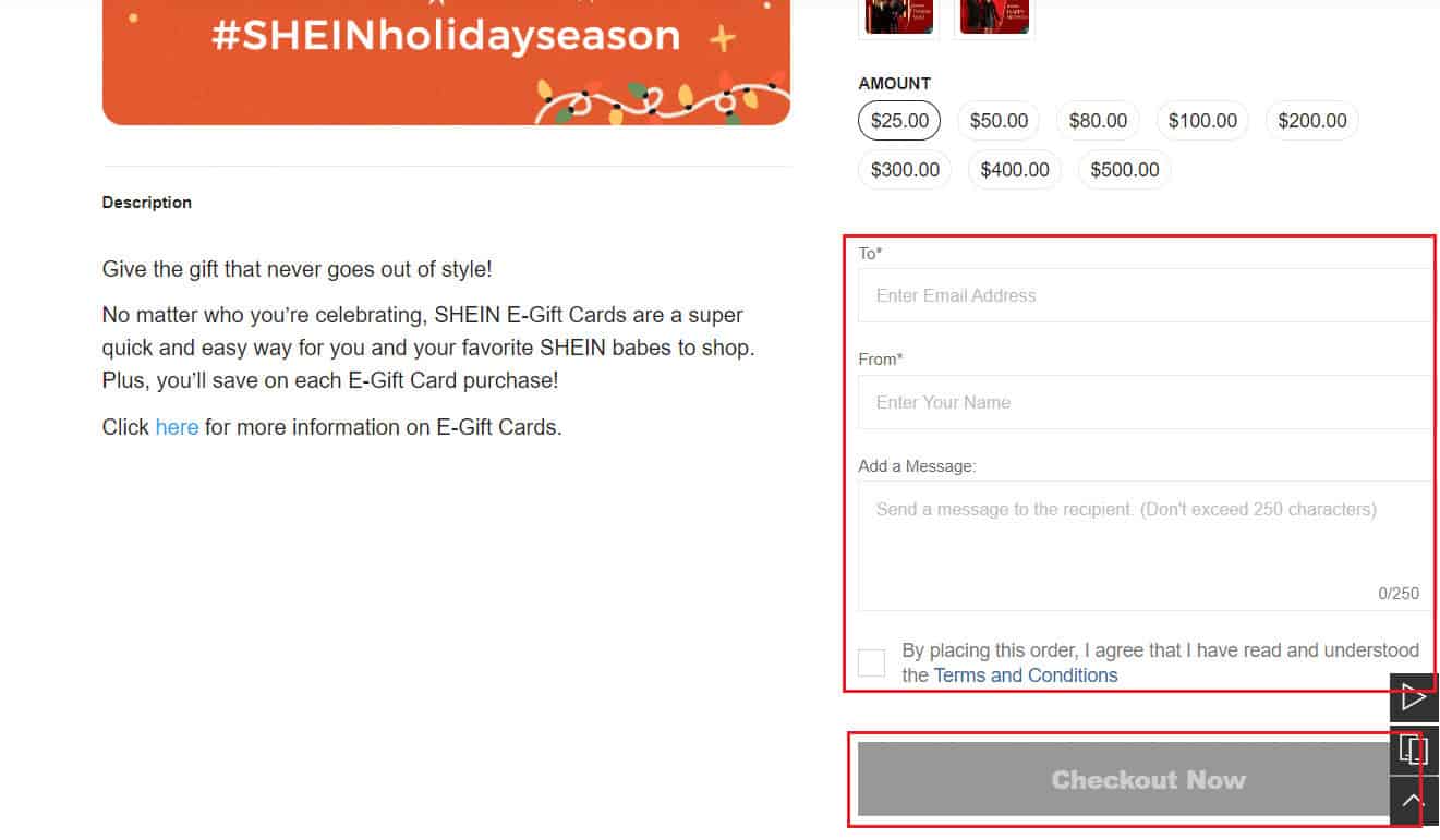 Enter the To and From fields and add a message - Mark the agree checkbox and click on CHECKOUT NOW