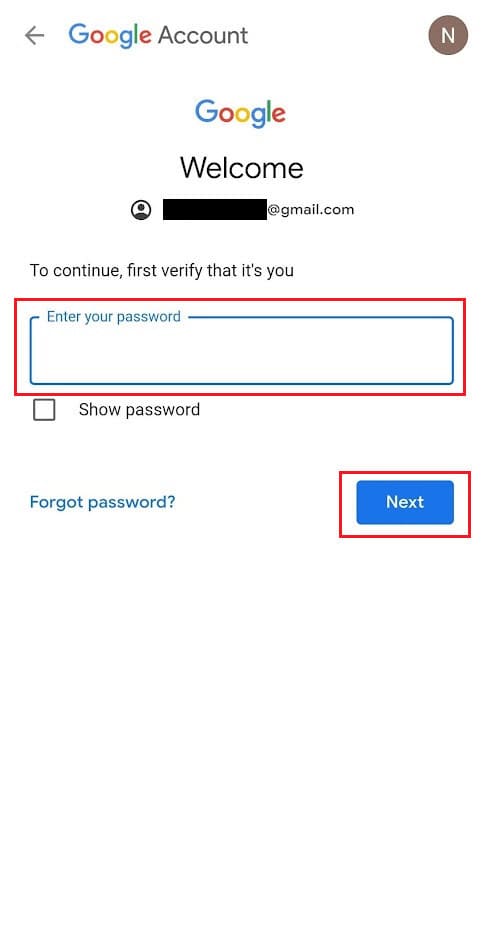 Enter the password of your Google account and tap on Next