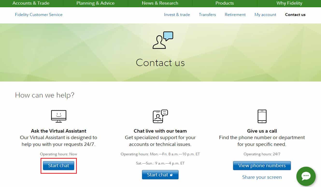 Fidelity Customer Service page | How to Close Fidelity Account