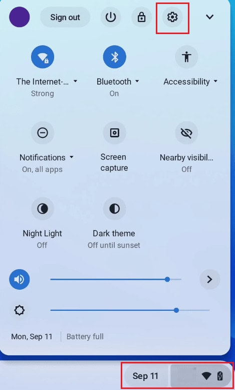 From the&nbsp;Quick Settings panel, click on the Settings gear icon | How to Delete Images on Chromebook Read Only