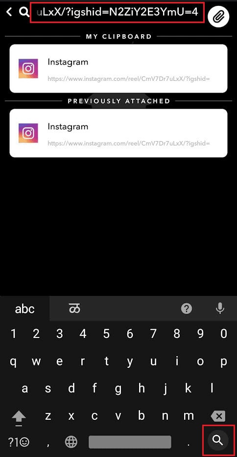 In the&nbsp;search bar,&nbsp;type&nbsp;or&nbsp;paste&nbsp;the&nbsp;story link - tap on the&nbsp;magnifying glass icon | How to Repost Instagram Videos on Snapchat Story