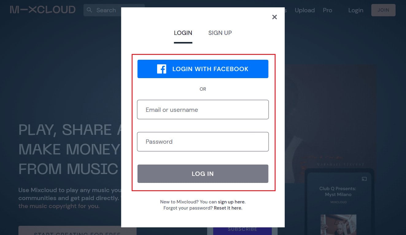Login to your Mixcloud account