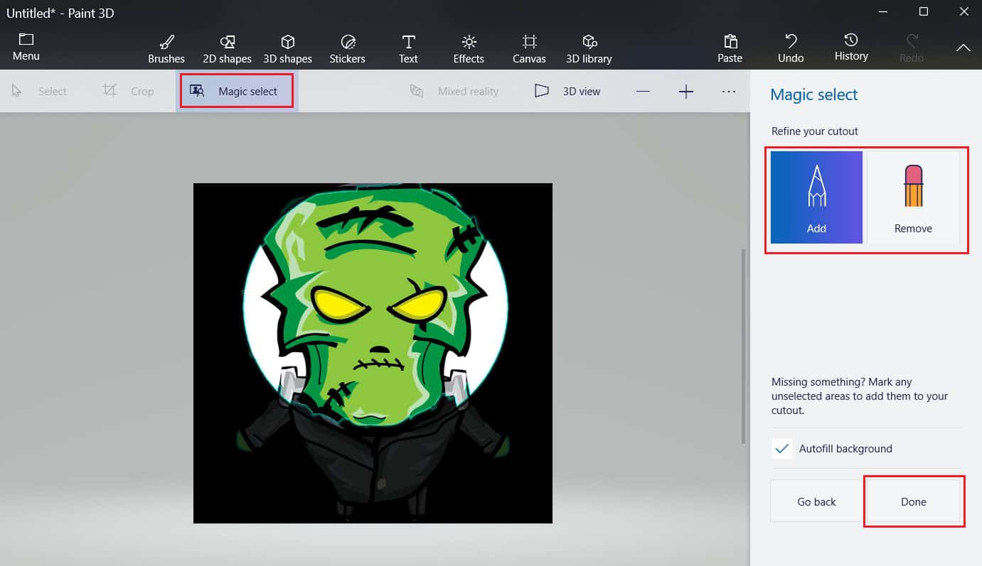 Magic select tab - Add - select the desired area inside the shape - Remove - outside area of the desired shape - Done