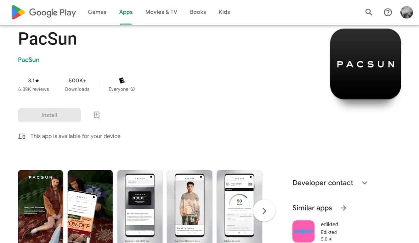 PacSun app Play Store