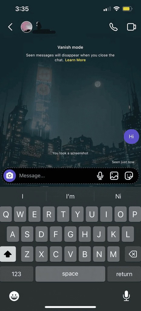 Screenshot in Vanish Mode
