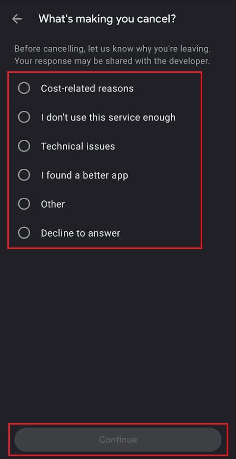 Select the reason why you want to cancel the subscription and tap on Continue | How to Cancel Subscription on Scribd