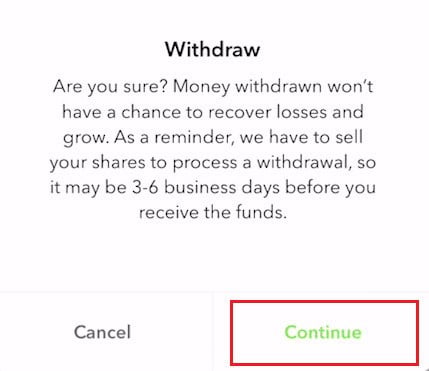 Tap on Continue from the popup to confirm the action | What is Transferring Cash in Acorns?
