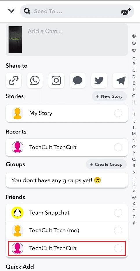 Tap on the desired Snapchat profile you want to send this chat again | How to Repost Instagram Videos on Snapchat Story