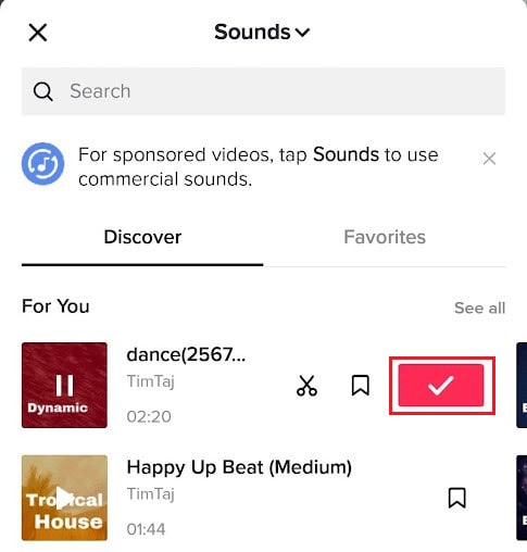 Tap on the desired sound - checkmark icon