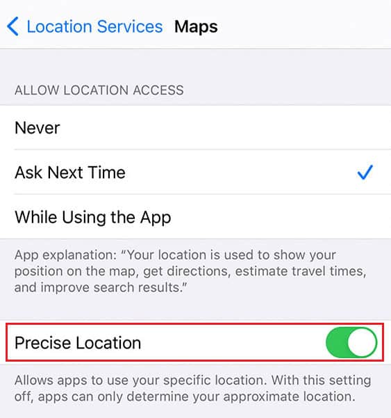 Turn on the toggle for the Precise Location option