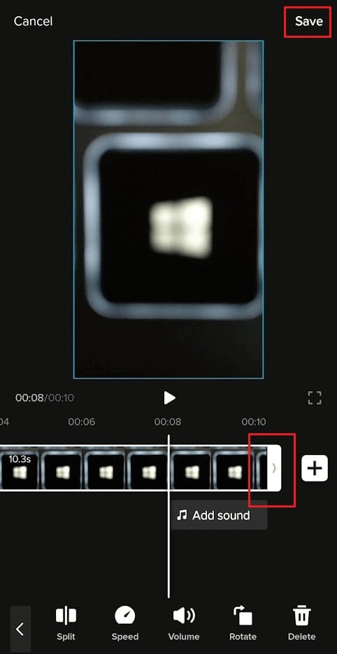 Video track - end of the video track - arrow end - move it to change the duration - Save