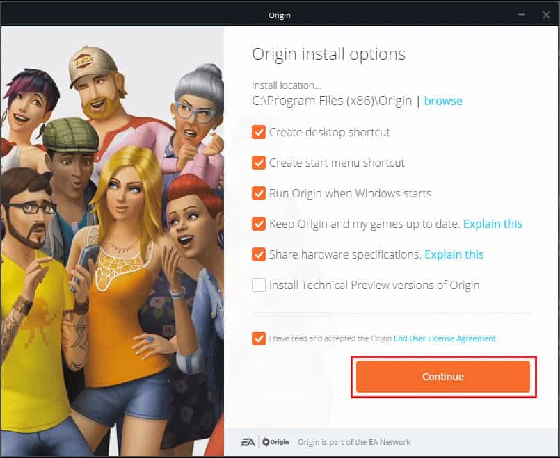 check the End User Licence Agreement to accept it and click on Continue