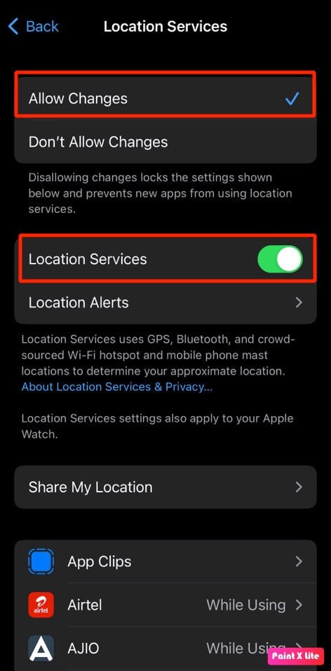 choose allow changes and toggle on location services