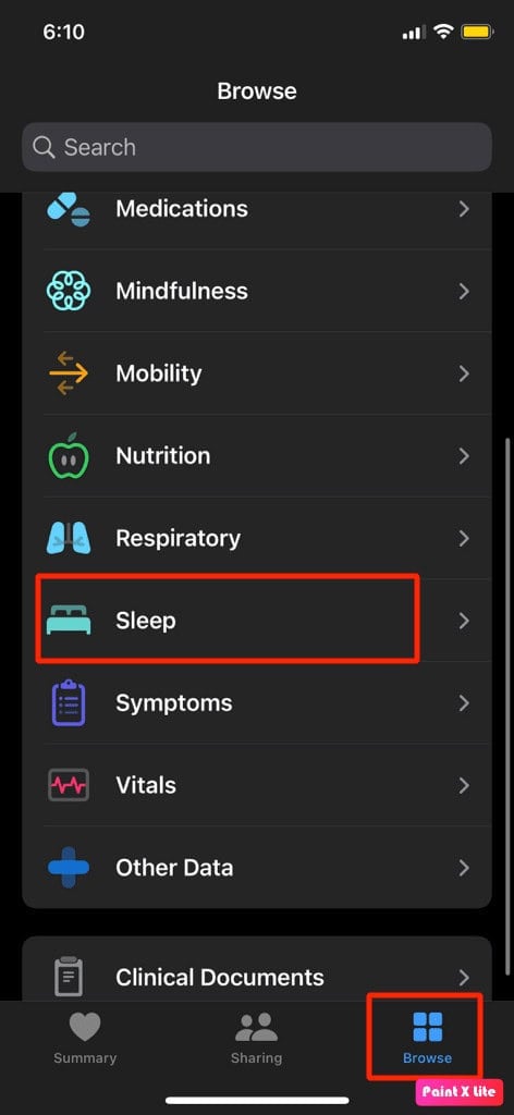 choose browse option then tap on sleep