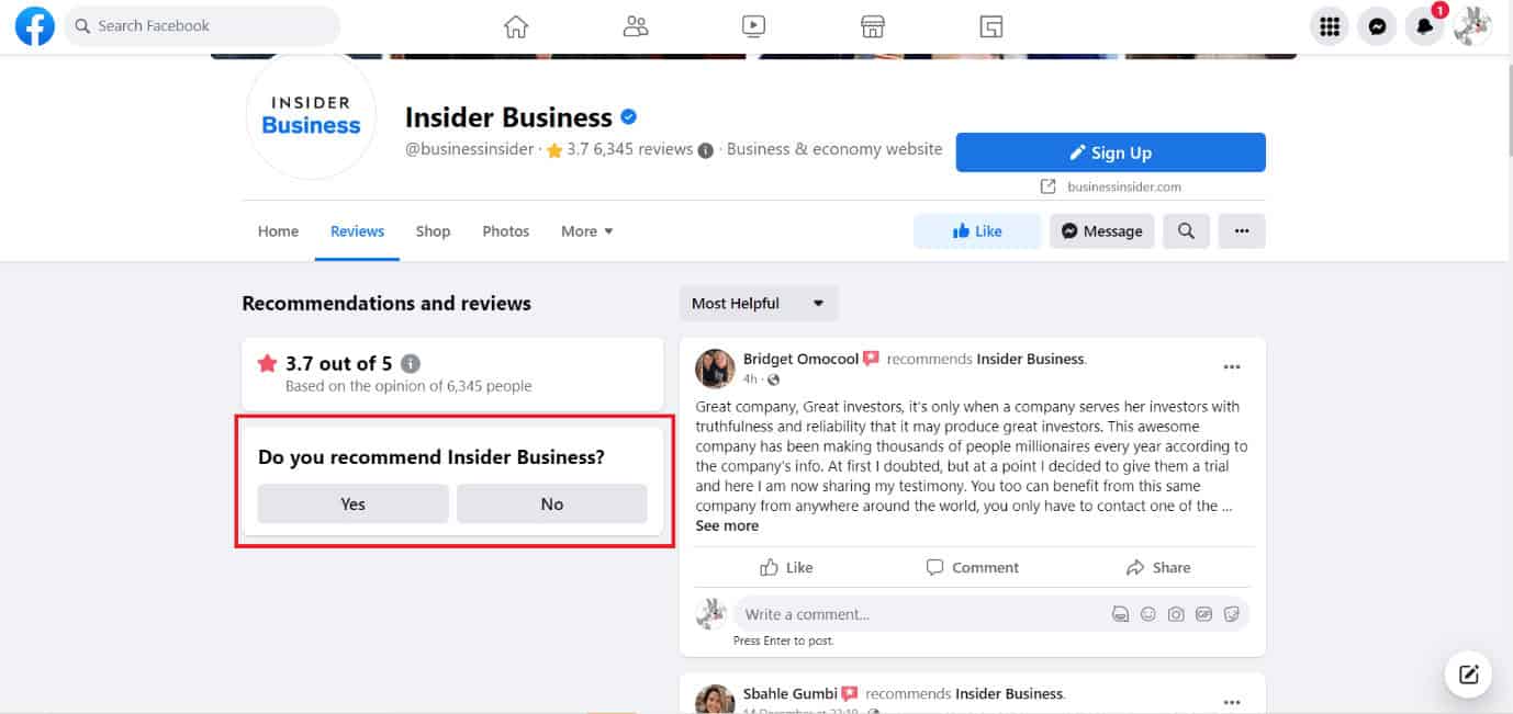 Choose Yes or No under the Do You recommend Business question