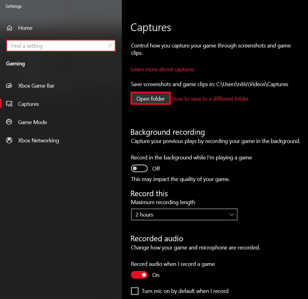 Click on Open folder | Xbox game bar screen recording