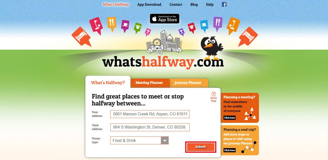 Click on submit to view the search results | halfway between two places