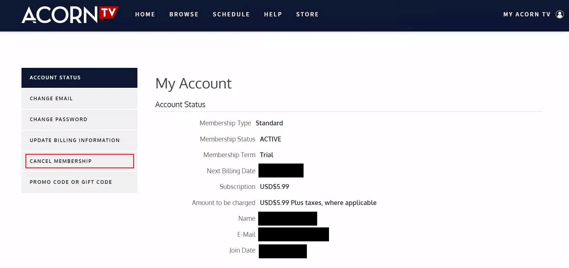 click on the CANCEL MEMBERSHIP tab from the left pane | Acorn included with Amazon Prime