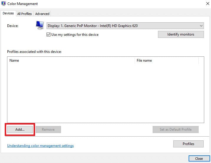 Click on the Add option in the Color Management window. How to Install ICC Profile on Windows 10