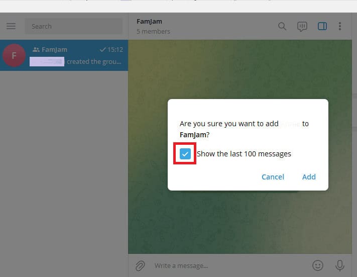 Click on the blue tick if you do not want to share the chat history of the group