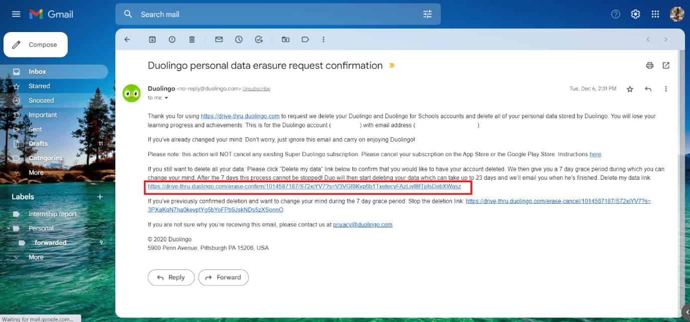 Click on the Delete my data link in the email from Duolingo | How to Delete Duolingo Account