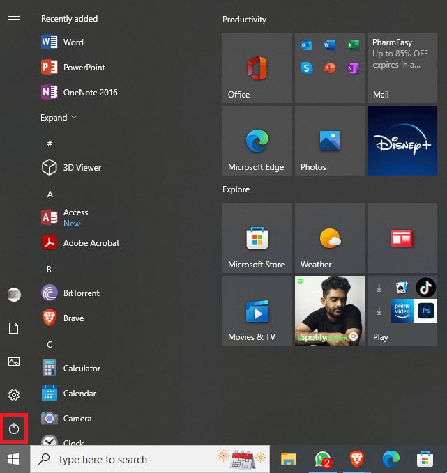 click on the Power icon