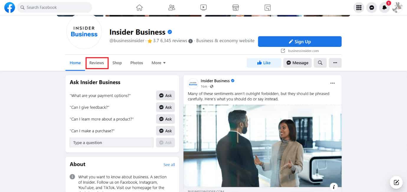 Click on the Reviews tab | How to Leave a Review on Facebook App