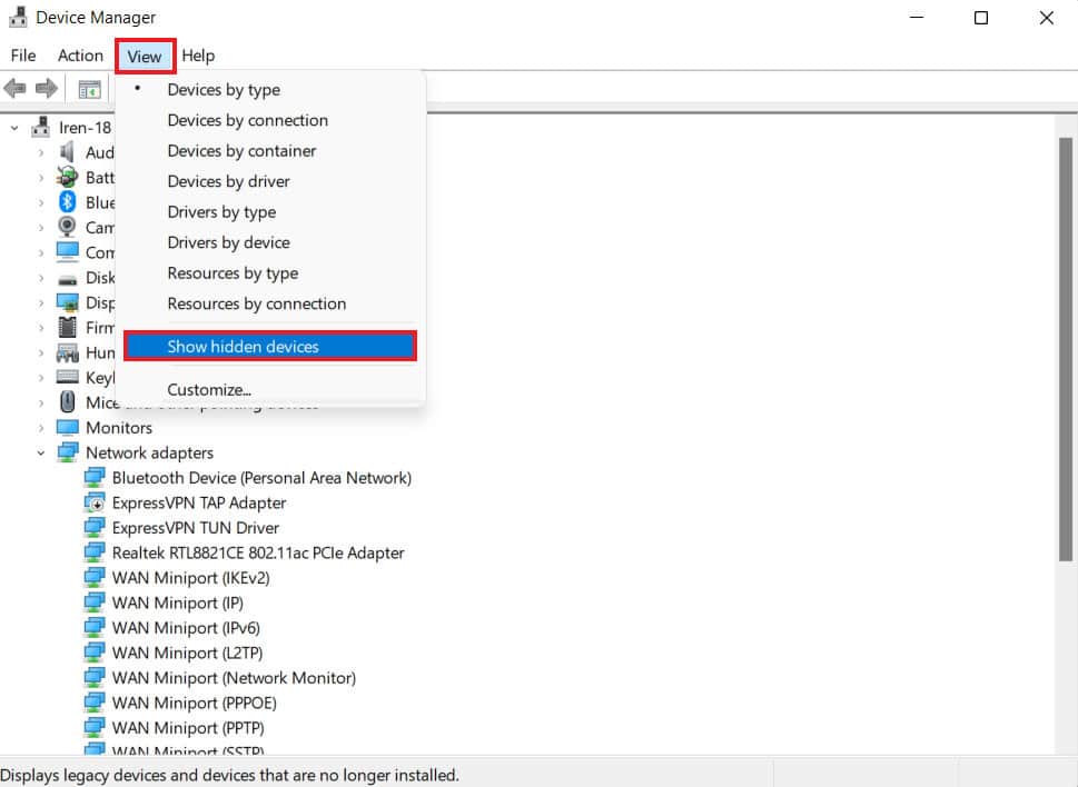 Click on View tab and then on Show hidden devices