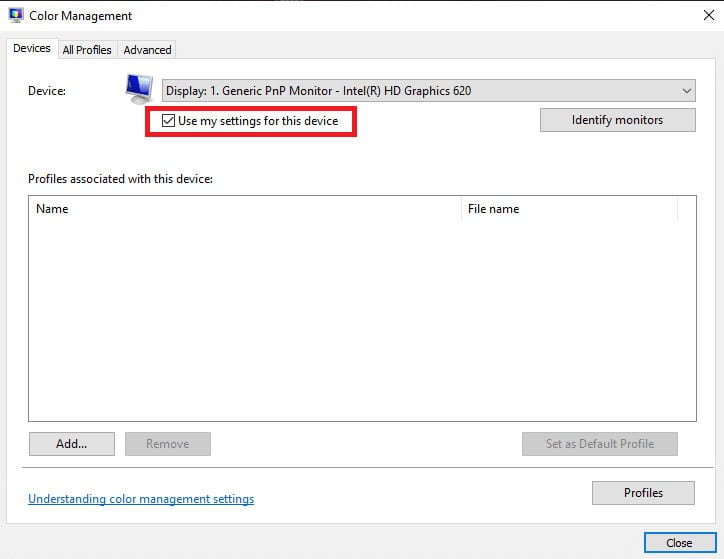 check Use my settings for this device. How to Install ICC Profile on Windows 10