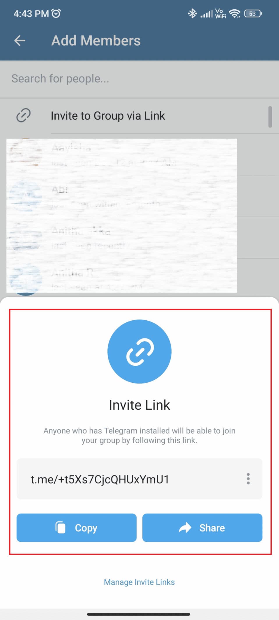 Copy or Share the Invite link accordingly
