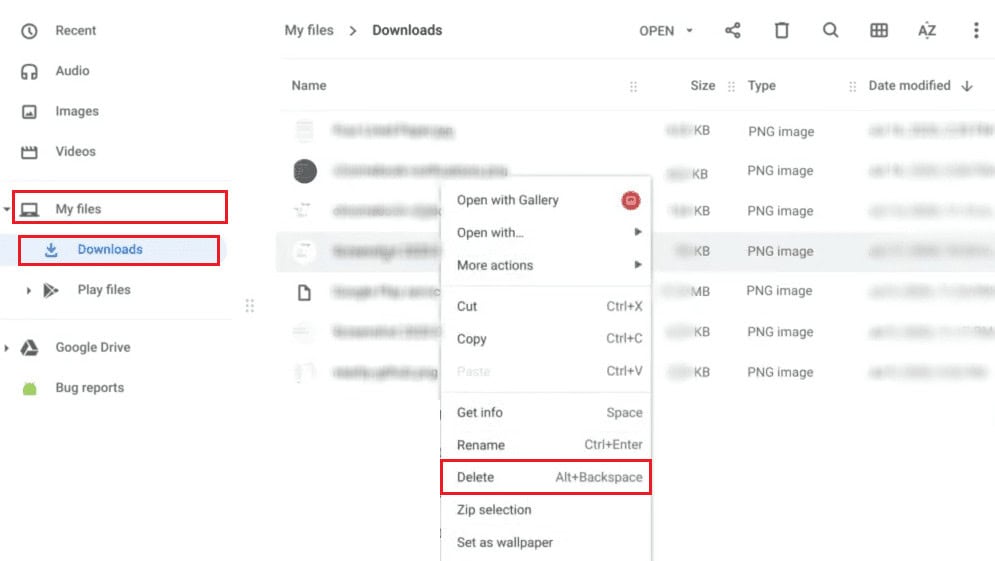 desired folder - My files - Downloads folder - right-click desired image - Delete