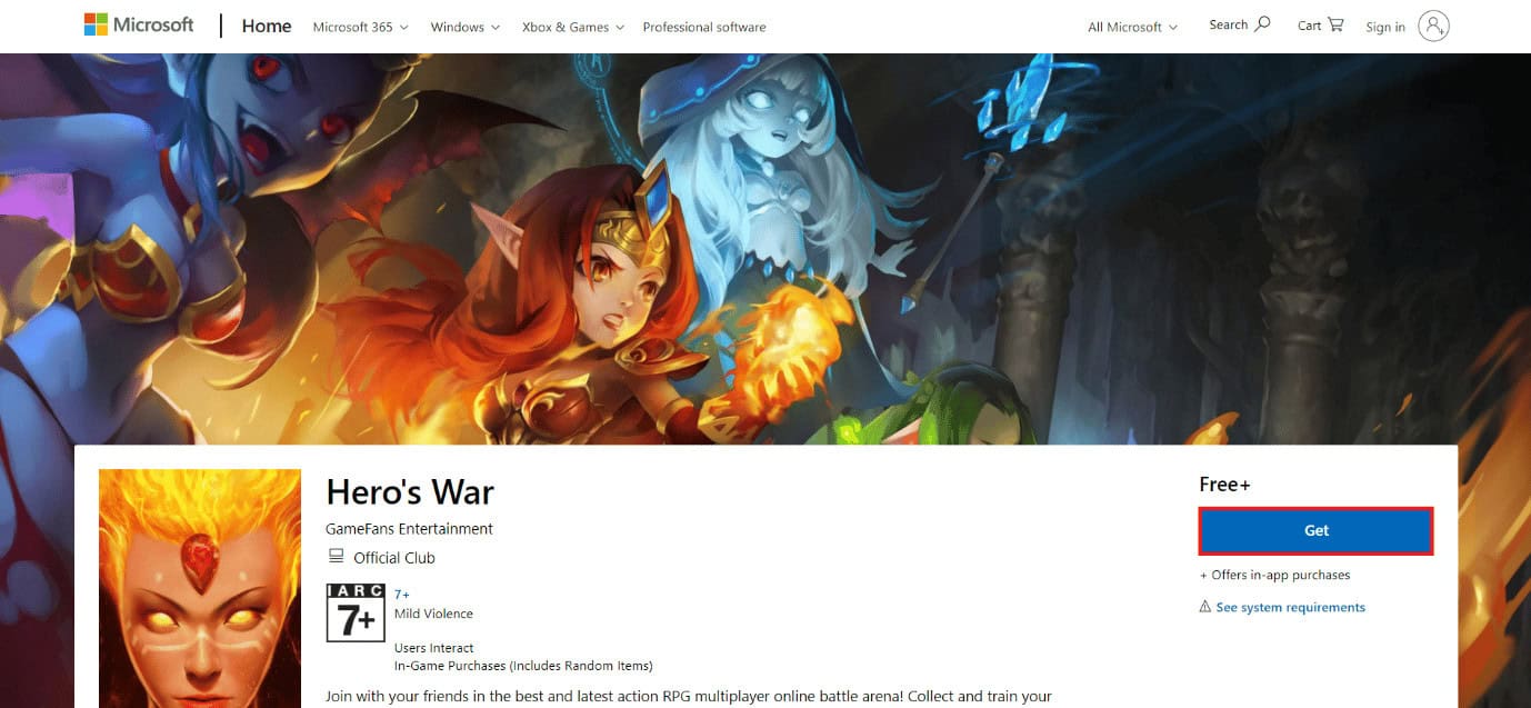 download page of hero's war