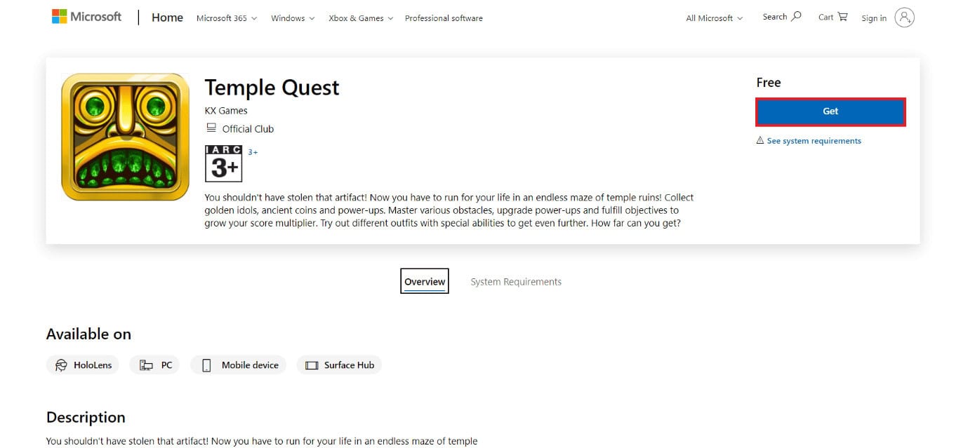 download page of Temple Quest. 50 Best Free Games for Windows 10 to Download