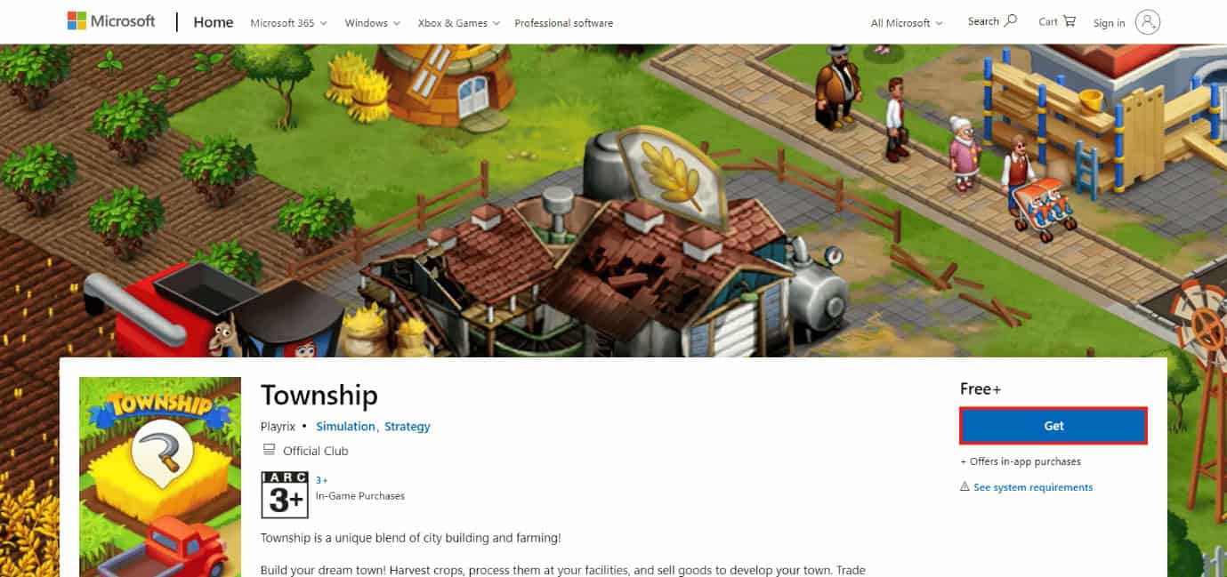 download page of Township. 50 Best Free Games for Windows 10 to Download