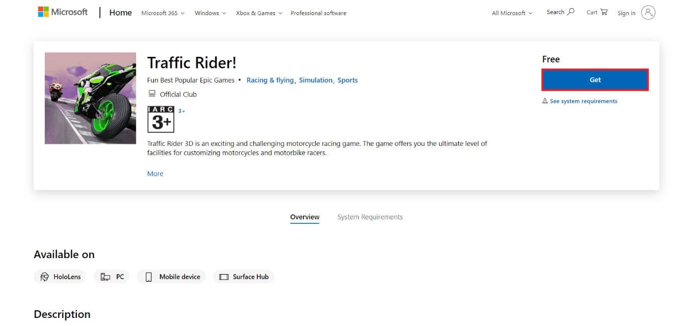 download page of traffic rider