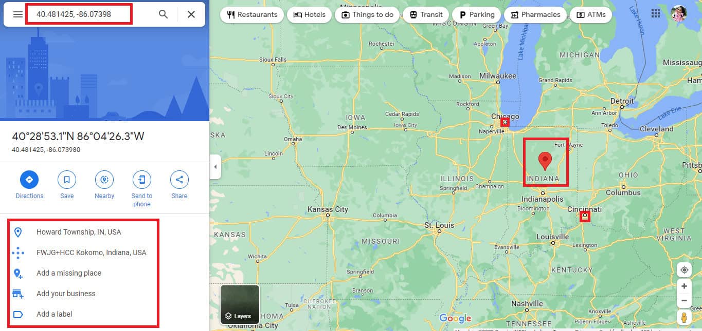Enter the new coordinates 40.481425, -86.07398 in the search bar to find the halfway point between two given locations
